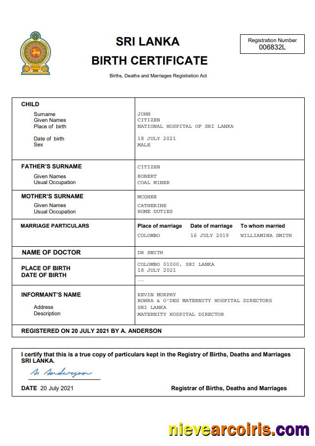 Sri Lanka vital record birth certificate